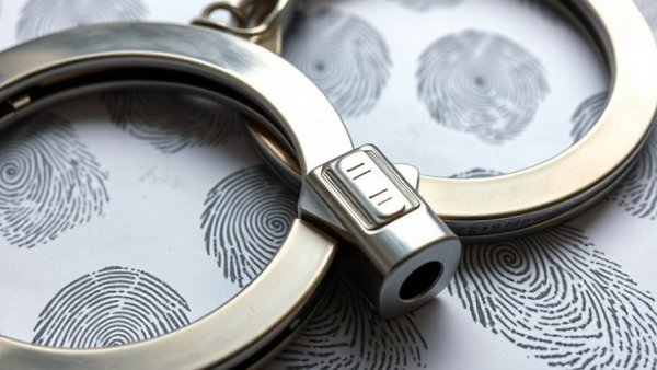 Handcuffs on fingerprint sheet highlighting criminal investigation.
