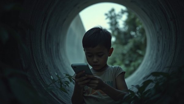 Child in concrete pipe at dusk, Thailand Cambodia border conflict.