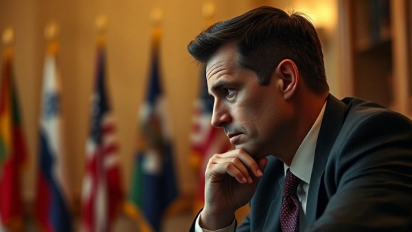 A thoughtful person in a formal setting with flags, showcasing deep contemplation.