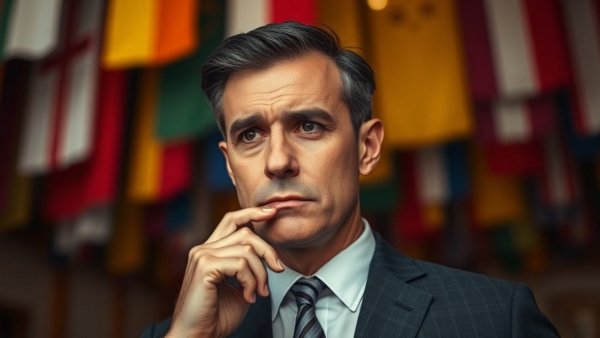 Serious man with flags in background considering options.