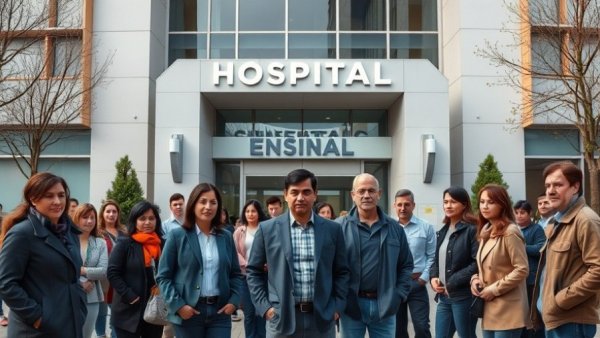 San Francisco hospital entrance with people gathered, news scene.