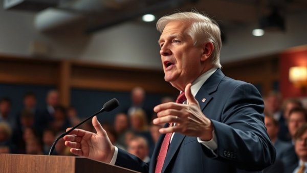 Dynamic portrayal of a speaker emphasizing a point during an anti-immigrant speech.
