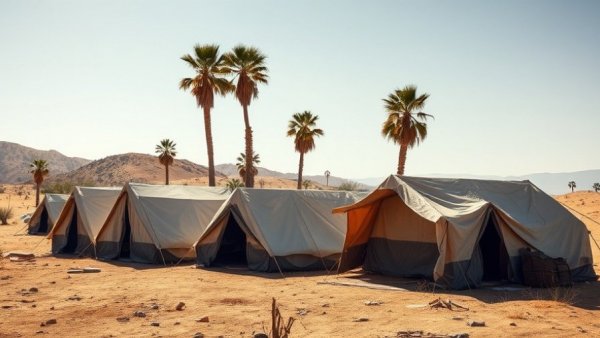 Homeless camp under sunny sky reflecting aid withdrawal effects.