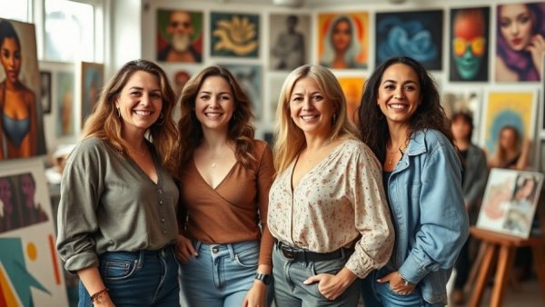 Stylish women in San Francisco art studio displaying creativity.