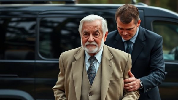 Elderly man assisted by younger man, exiting vehicle outdoors.