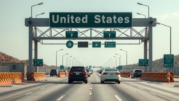 U.S. border checkpoint with cars; U.S. Travel Social Media Disclosure.
