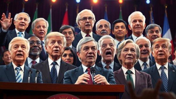 Dynamic collage of Democratic presidential candidates 2028 in public speeches.