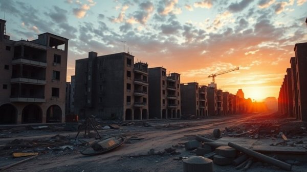 Desolate cityscape at sunset, illustrating conflict aftermath.