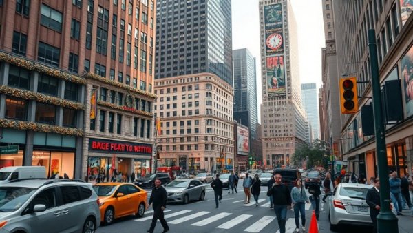 Vibrant city street with holiday decor and pedestrians, related to Family Sues South Bay Mortuary.