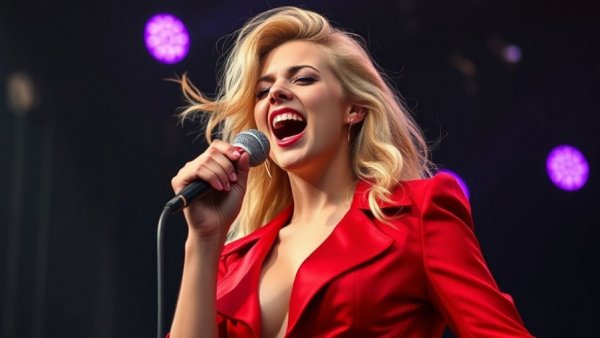 Kesha performing live in San Francisco, vibrant red outfit, purple light.