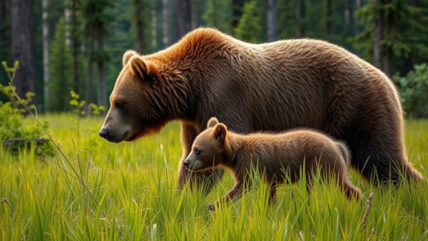 Brown bear with cub walking in Japanese forest, highlighting bear attacks in Japan.