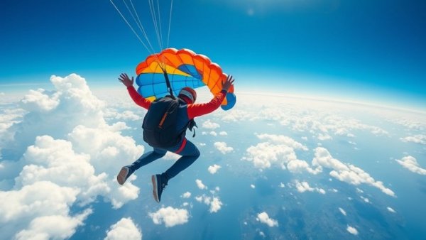 Skydiver dangling 15000 feet above clouds, vibrant sky.