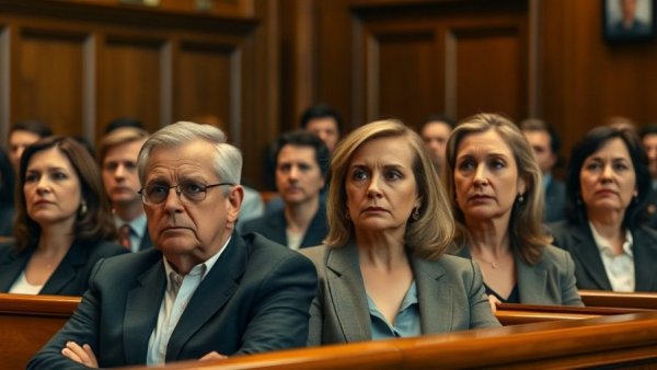 Serious individuals in a courtroom listening attentively, Trump pardon Tina Peters discussion.