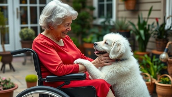 Heart of the Valley services for seniors: Elderly woman in a wheelchair petting a dog on a patio.