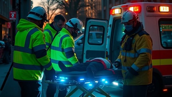 Emergency responders assist injured man at Bondi Beach shooting at dusk, ambulance nearby.