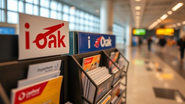 Oakland Airport visitor information rack highlighting brochures.