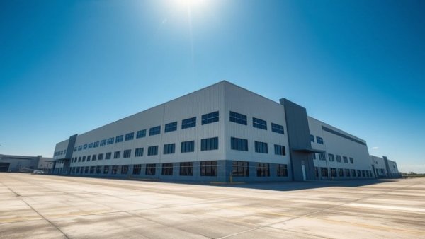 Bay Area industrial real estate, modern building under clear sky.