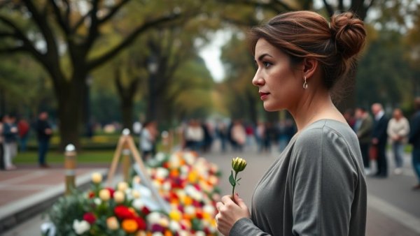Memorial gathering at Bondi Beach shooting site with floral tributes.