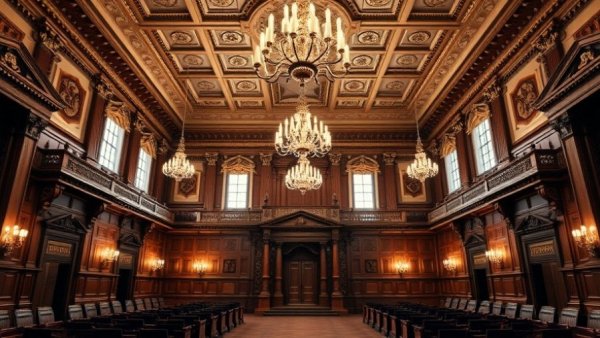 Elegant council chamber with wooden paneling and chandeliers, future of Alcatraz Island.