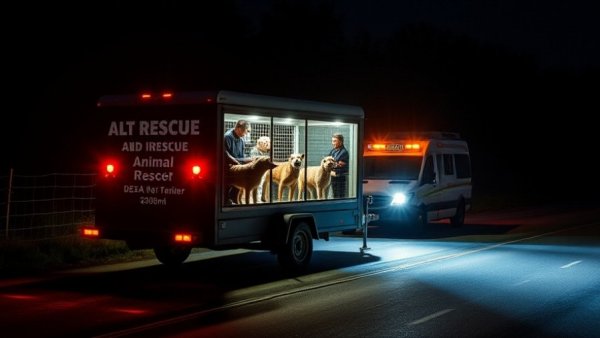 Night-time rescue of over 200 sick animals with trailer and rescue team.