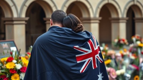 Couple mourns at Bondi Beach flower memorial against antisemitism.