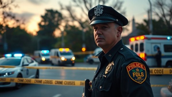 Police officer secures crime scene at dusk with taped-off area.