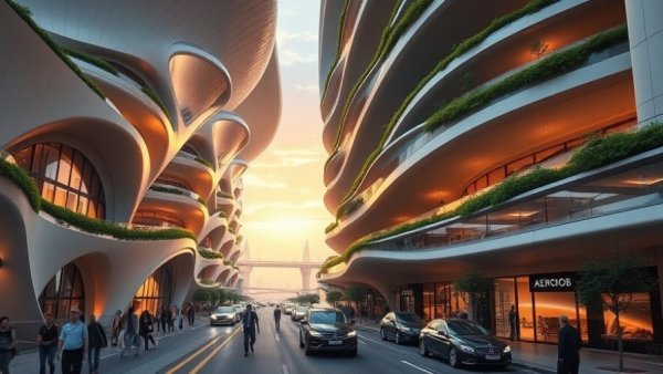 Futuristic Marina Safeway housing proposal at twilight with dynamic curves.