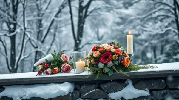 Memorial with flowers and candles on a snowy ledge, tribute setting.