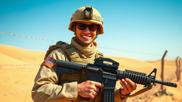 Iowa National Guard soldier in desert with rifle near wire fence.