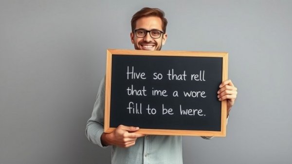 Portrait of a man holding chalkboard with message, neutral tones.