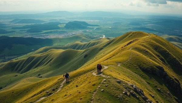Palestinian hiking trails with distant Israeli settlements, lush landscape.