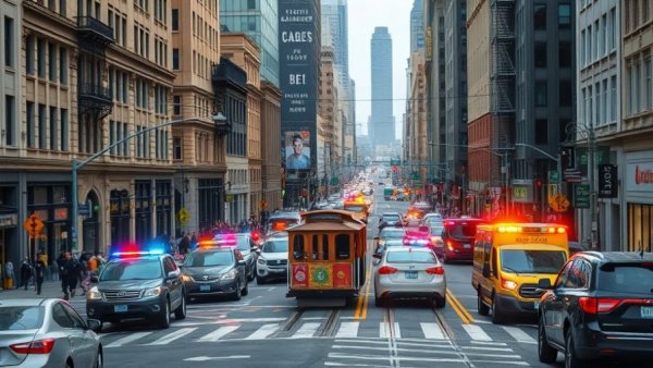 San Francisco cable car accident scene with emergency response.
