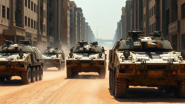 Tense military scene with armored vehicles in urban area related to Canadian MPs and West Bank.