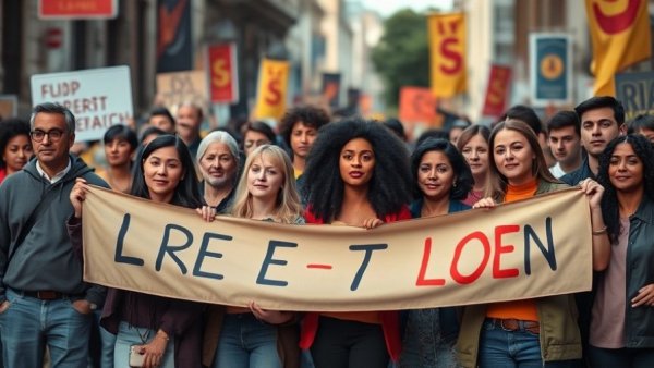 San Francisco immigration protests, diverse group holding banner.