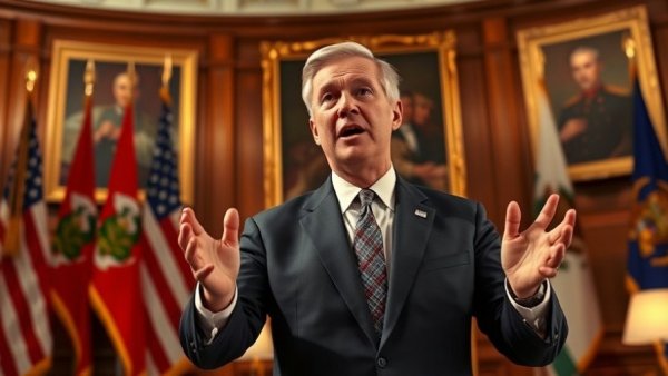 Political figure discussing in opulent room, blue slip process.