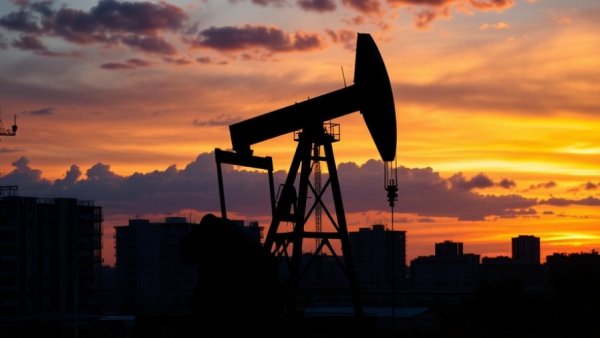 Urban silhouette at dusk with oil well structure, Trump Chevron Venezuela deal symbolism.