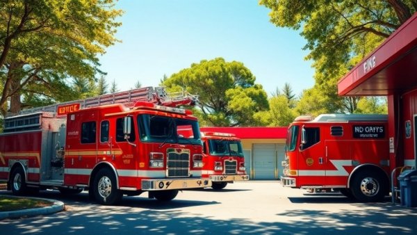 Fire trucks at a station on a sunny day, illustrating emergency readiness for DUI incidents during the holiday season.