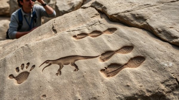 210-million-year-old dinosaur footprints in Italy on rock surface.