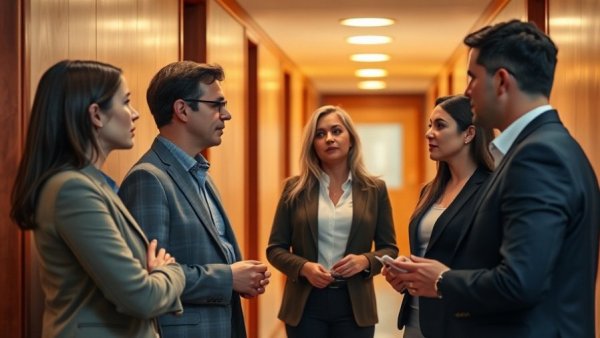 Professionals in discussion in a San Francisco corridor, local news.