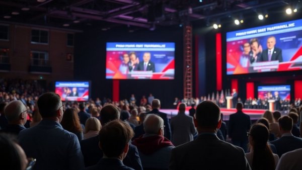 People watch screens showing a political debate related to dark money in 2024 elections.