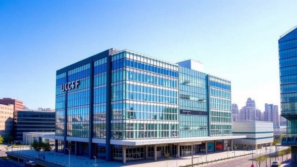 UCSF Mission Bay expansion modern building in urban environment.