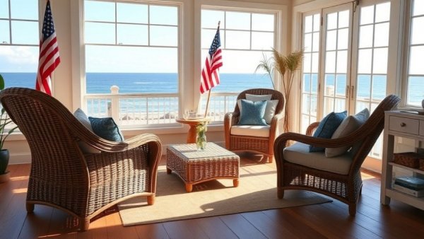 Bright coastal hotel room with wicker chairs and ocean view.