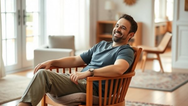 Smiling man in wooden chair indoors, sustainable materials innovation.