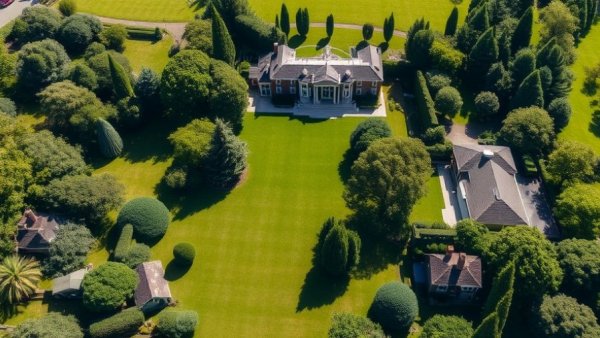Aerial view of Palo Alto billionaire compounds, lush landscape.