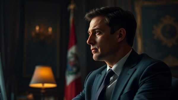 Thoughtful man in suit, dimly lit room, flag behind