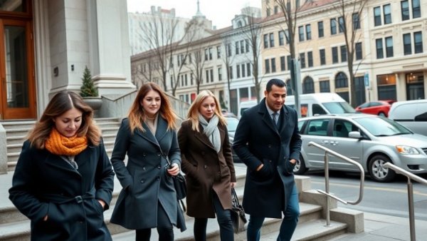 Judge Hannah Dugan Trial attendees arrive at courthouse in winter.