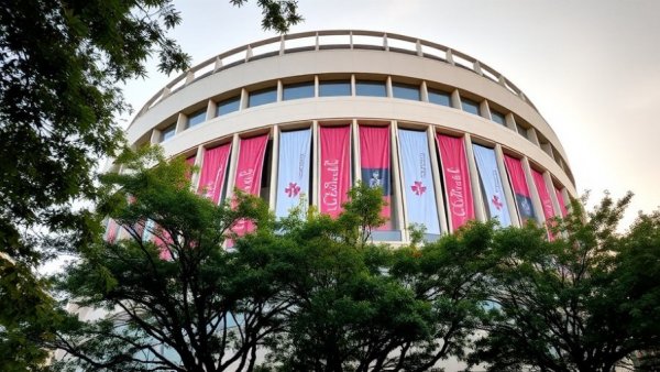 Circular building facade with banners, evening lighting.