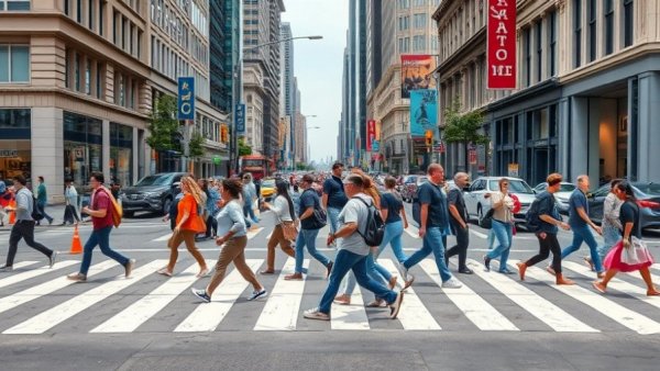 San Francisco crosswalk with diverse people, vibrant urban scene.