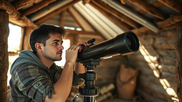 Contemplative young man with telescope in a rustic shelter, EU Ukraine Loan context.