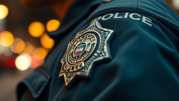 Antioch Police badge close-up on uniform, highlighting badge details.